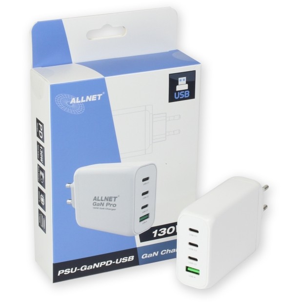 Adapter ALLNET NET Z Ersatznetzteil QC USB-C PD GaN Netzteil Power Supply 130Watt 1x USB Typ-A QC 3x USB Typ-C **EU PLUG** - 1