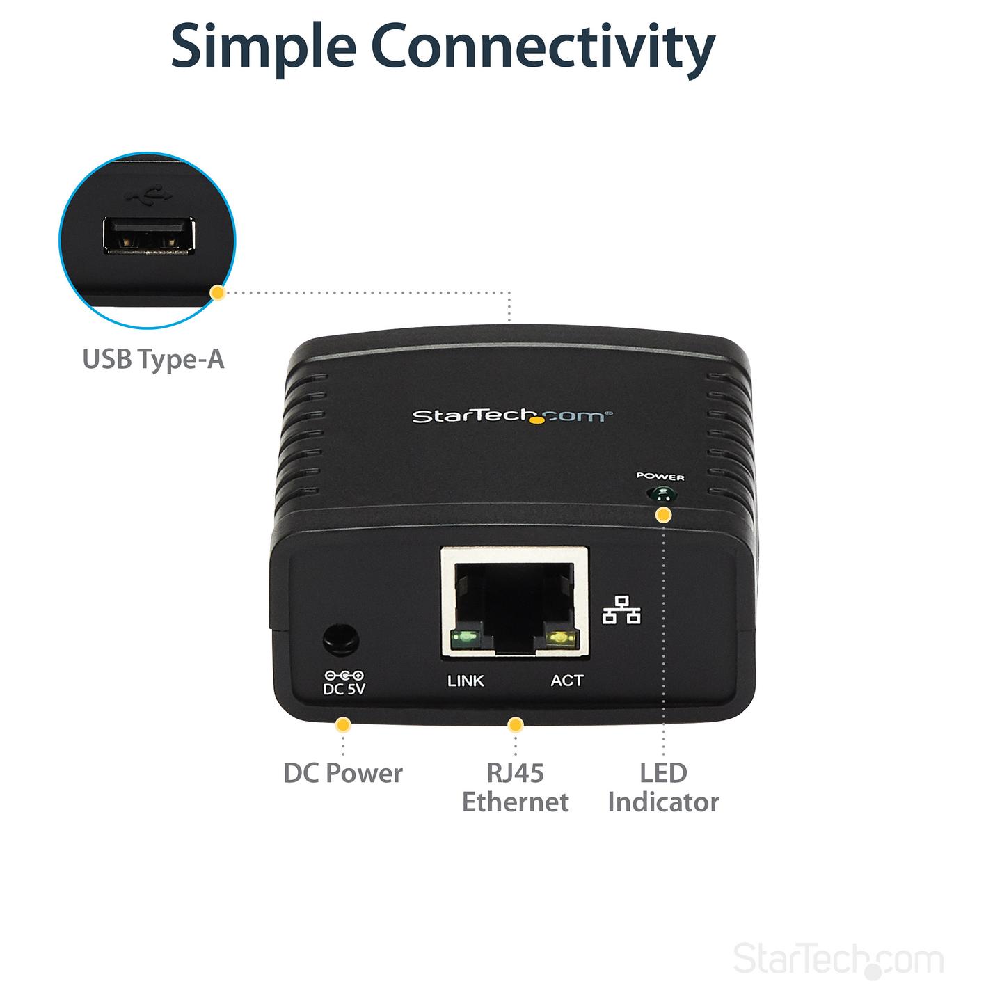 Print Server StarTech.com PM1115U2, Adapter për Lidhjen e Printerit USB në Rrjet, USB 2.0, Fast Ethernet 10/100Mbps, 1x RJ45 - Zezë - 9