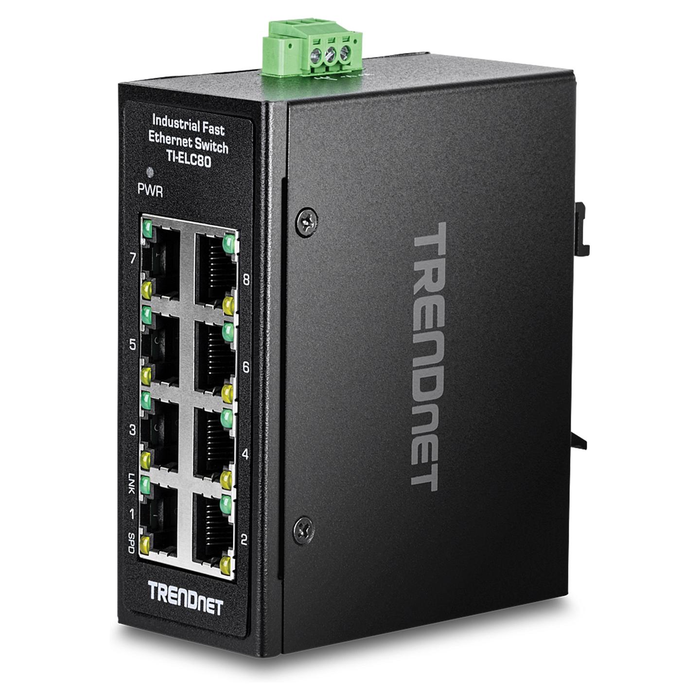 Switch Industrial TRENDnet TI-ELC80, 8 Porta Fast Ethernet 10/100Mbps, Switching Capacity 1.6Gbps, IP50, Fanless, DIN-Rail - Zezë - 1