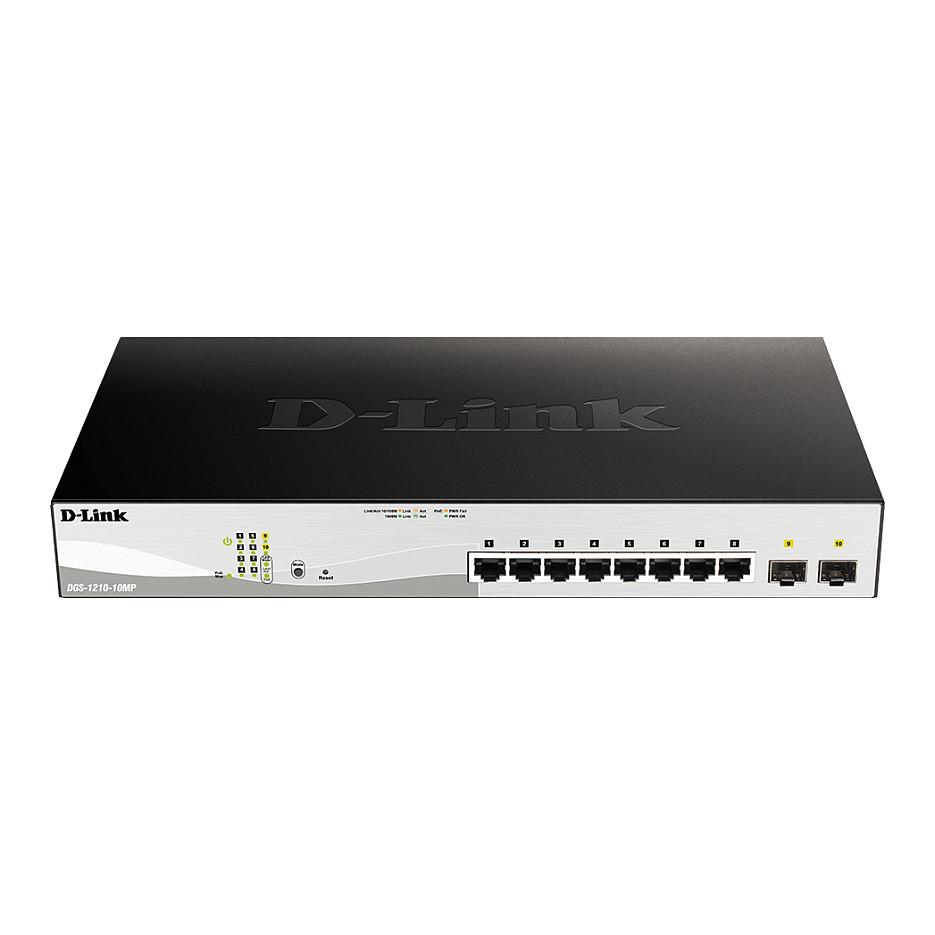 Switch D-Link DGS-1210-10MP, 8× Gigabit Ethernet RJ45 PoE+, 2× SFP 1G, Smart Managed, 20Gbps, 130W PoE – Zezë