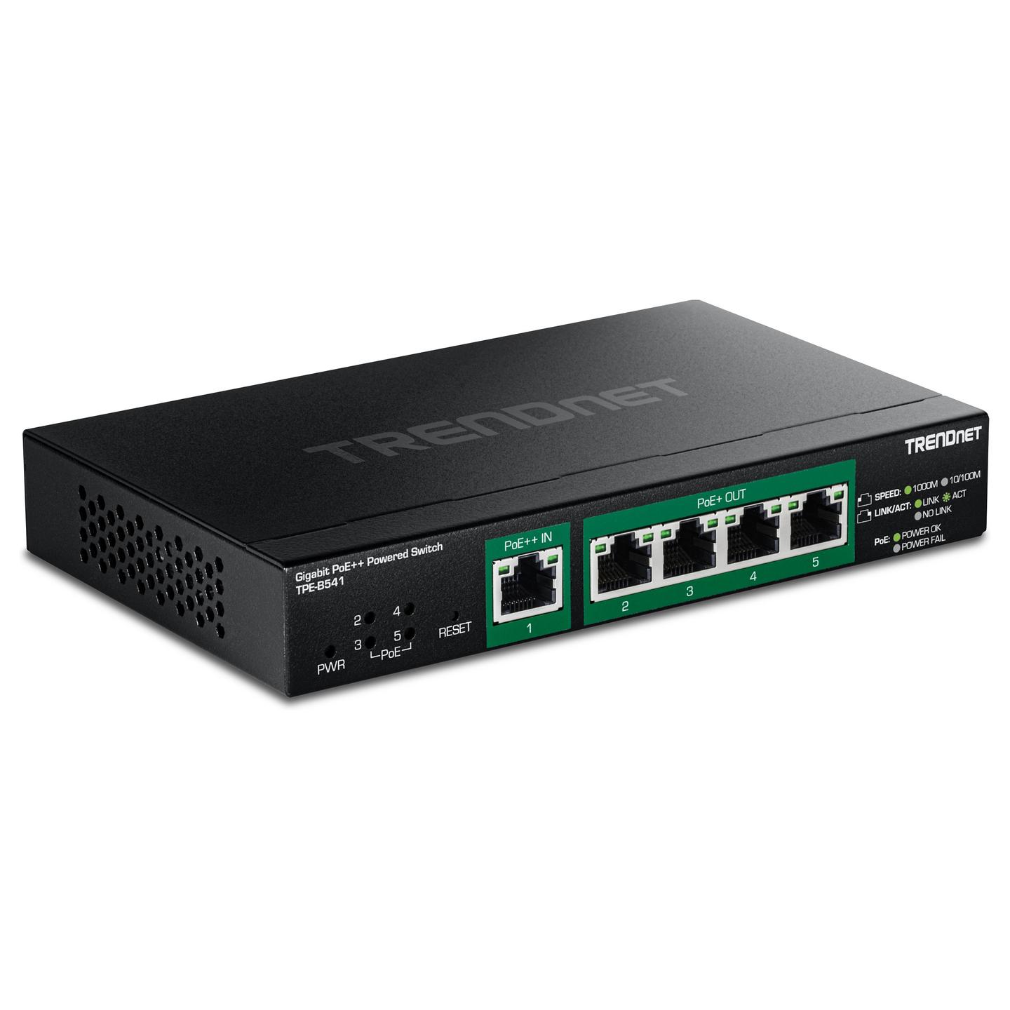 Switch TRENDnet TPE-B541, 5 porta Gigabit Ethernet, 1 portë hyrëse PoE++ 95W, 4 porta dalëse PoE+, PoE 60W, Managed, Switching Capacity 10Gbps - Zezë
