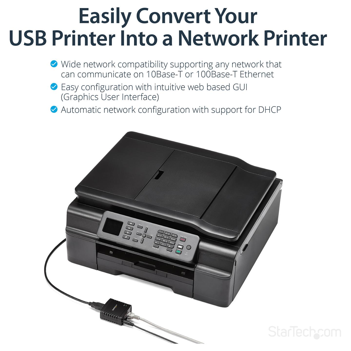 Print Server StarTech.com PM1115U2, Adapter për Lidhjen e Printerit USB në Rrjet, USB 2.0, Fast Ethernet 10/100Mbps, 1x RJ45 - Zezë - 6