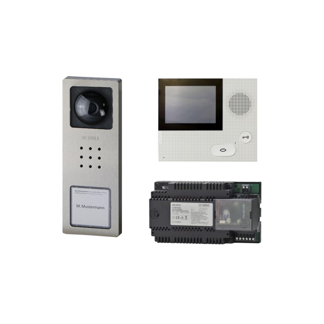 Videointerfon Siedle Basic SET CVB 850-1 E/W, sistem bus, 1 buton thirrjeje, ekran me ngjyra 3.5", komunikim pa duar, hapje dere, ndriçim emri - Inoks i krehur, Bardhë