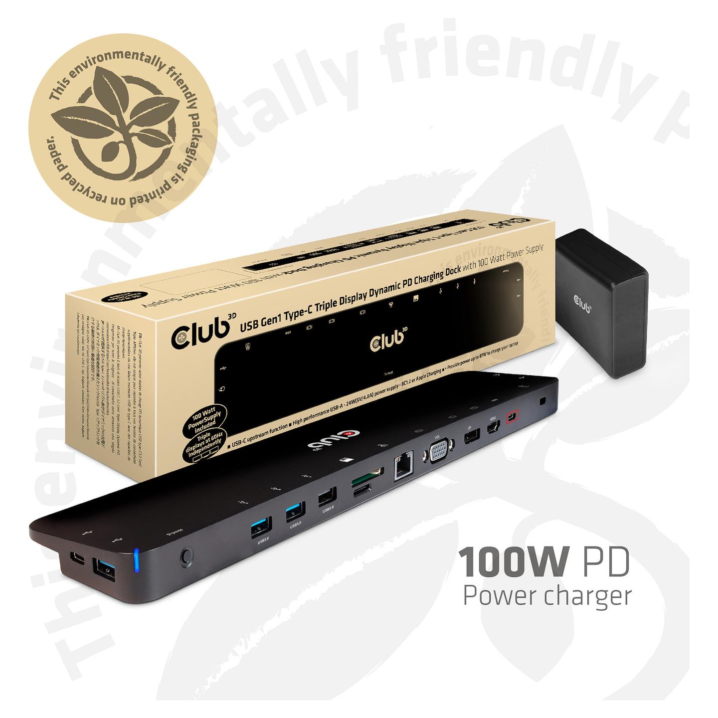 Docking Station Club 3D CSV-1564W100 / HDMI + DisplayPort + VGA / 3x USB-A 5Gbps + 2x USB-A 2.0 + 1x USB-C / 1GbE / SD+microSD / Audio / 100W PD – Zezë - 1