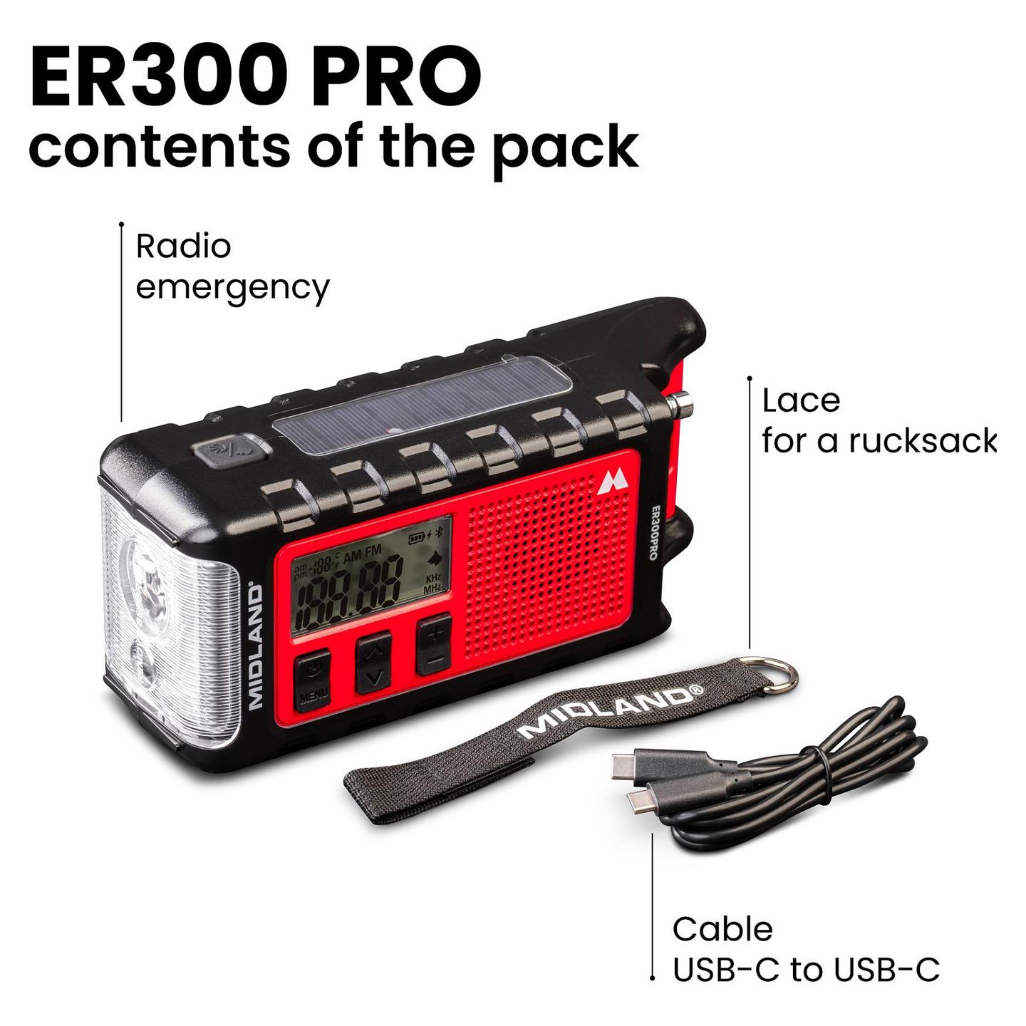 Radio Emergjence Midland ER 300 Pro, Bateri Li-Ion 10.000 mAh, USB-C – Zezë, Kuqe - 6