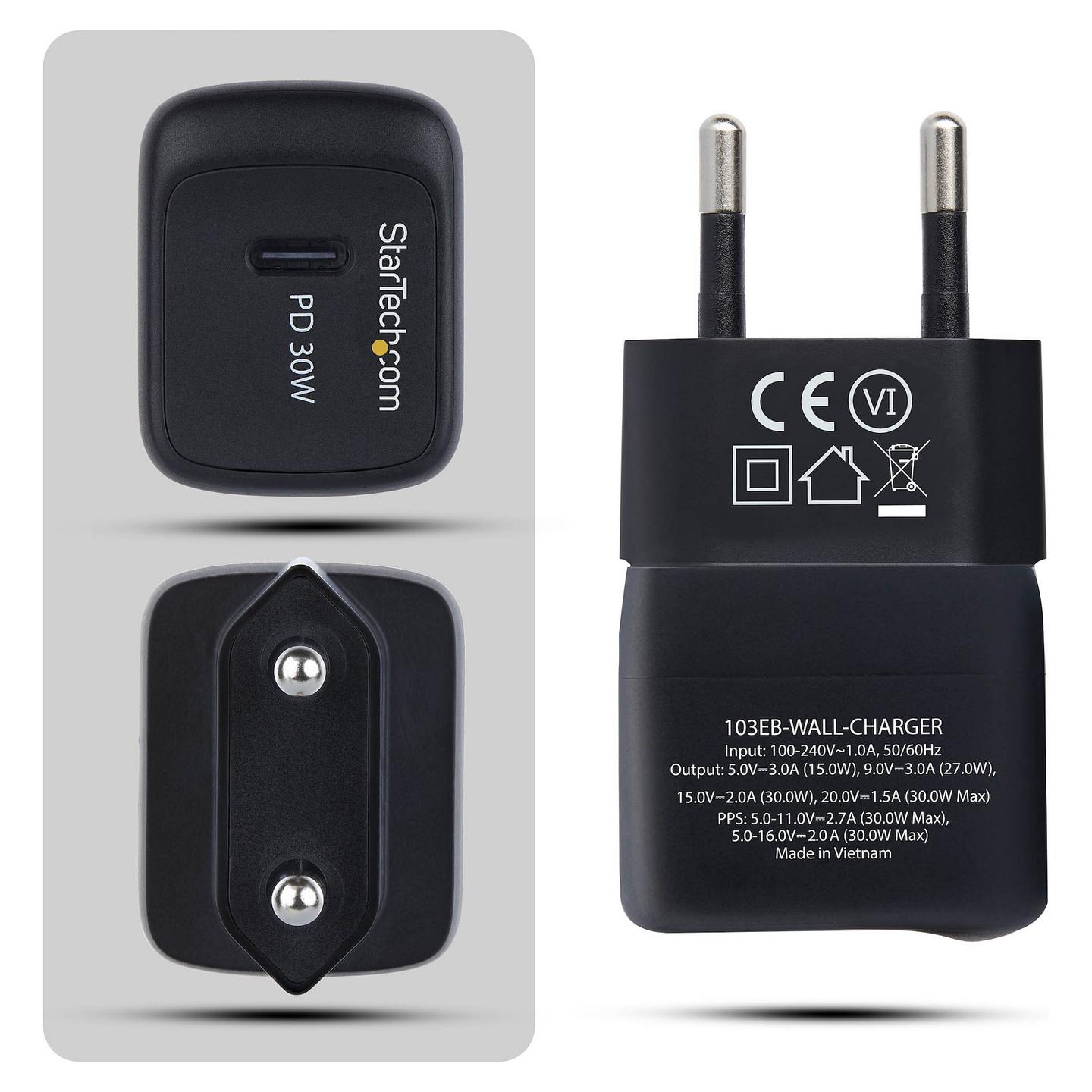 Karikues StarTech 103EB-WALL-CHARGER, USB-C, 30W, Power Delivery, GaN, 5V/9V/15V/20V - Zezë - 3