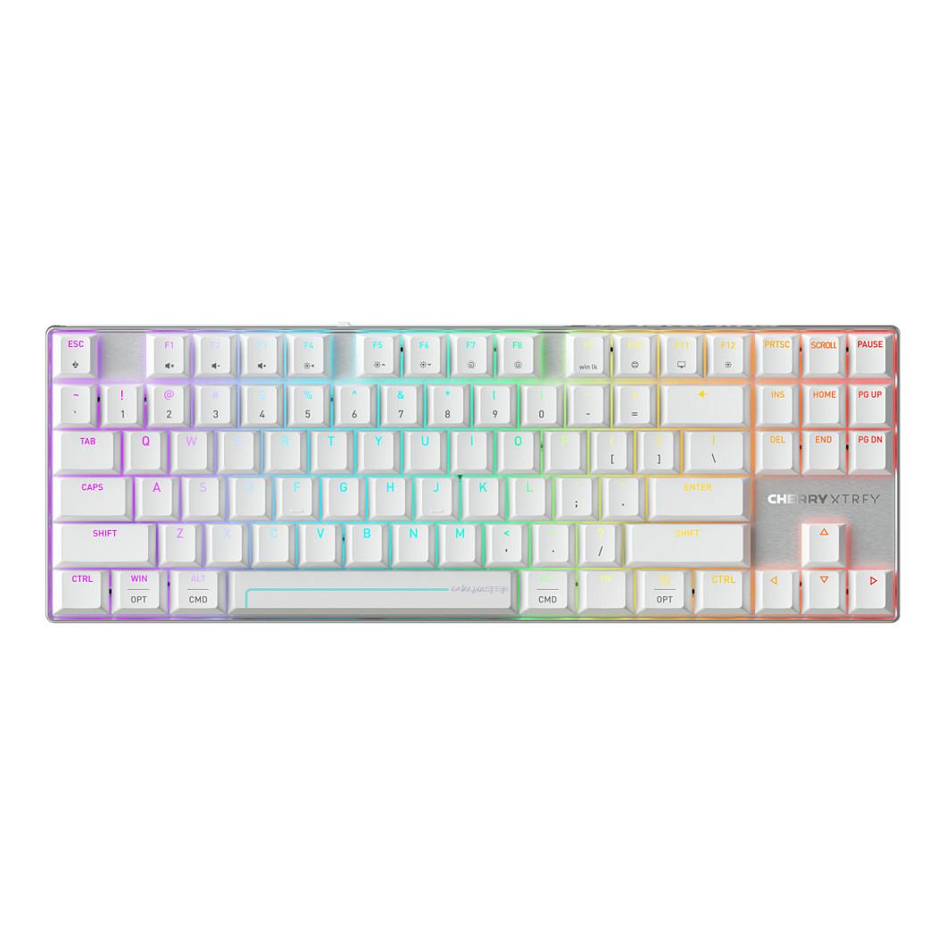 Tastierë Gaming CHERRY XTRFY MX 8.2 Pro TMR Wireless / US Layout / TKL / CHERRY MK Crystal Magnetic / TMR / 8000 Hz / 2.4 GHz + Bluetooth + USB / RGB – Bardhë