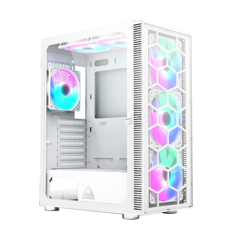Kasë Montech X3 Glass White / ATX Mid-Tower / 3x140mm RGB (Para) + 2x120mm RGB (Sipër) + 1x120mm RGB (Prapa) / 3xUSB A / Xham i Temperuar – Bardhë