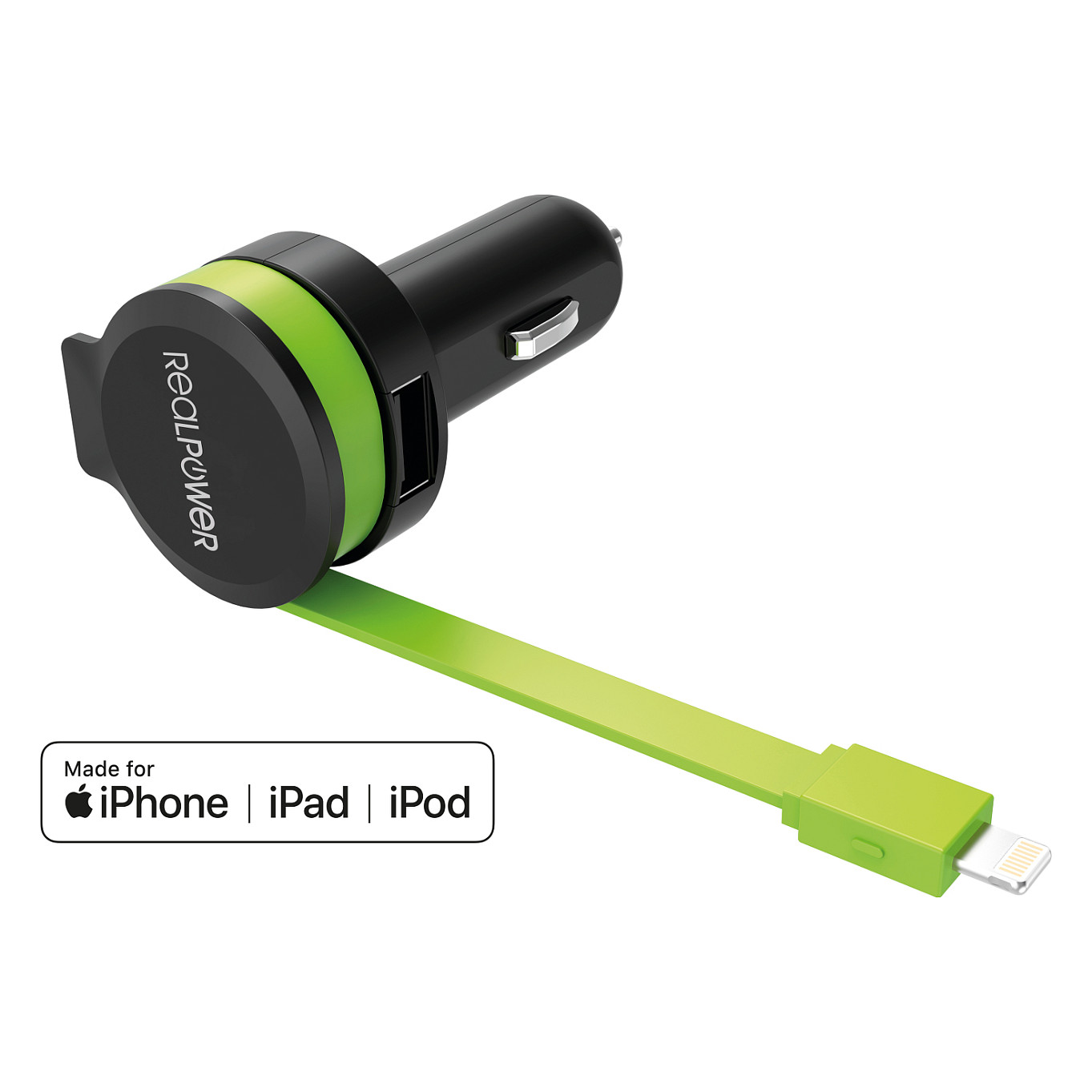 Adapter telefoni për veturë RealPower 257637 / USB-A + Lightning / 4.8A / Kabllo 0.58m – Zezë/Gjelbër - 2