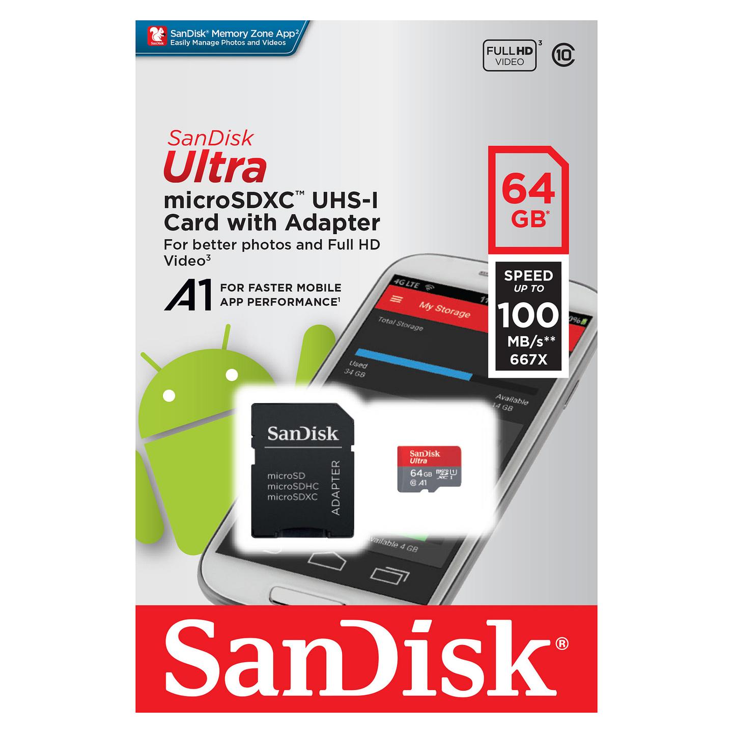 Kartë Memorie SanDisk Ultra, microSDXC, 64GB, UHS-I, Class 10, A1, 100MB/s, me Adapter - Kuqe/Gri - 4