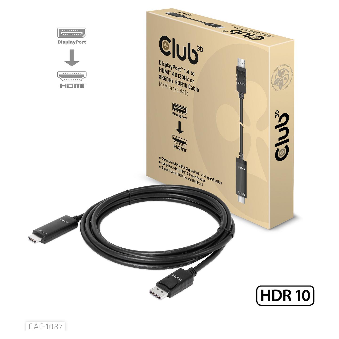Kabllo DisplayPort Club 3D CAC-1087 / DisplayPort 1.4 në HDMI 2.1 / 3m / 8K 60Hz / 4K 120Hz / HDR10 - Zezë - 5