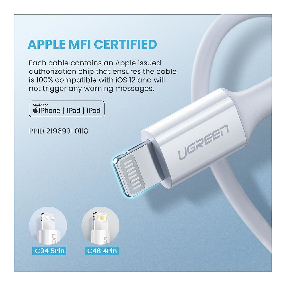 Kabllo USB UGREEN Lightning → Type‑C / 1 m – Bardhë - 4