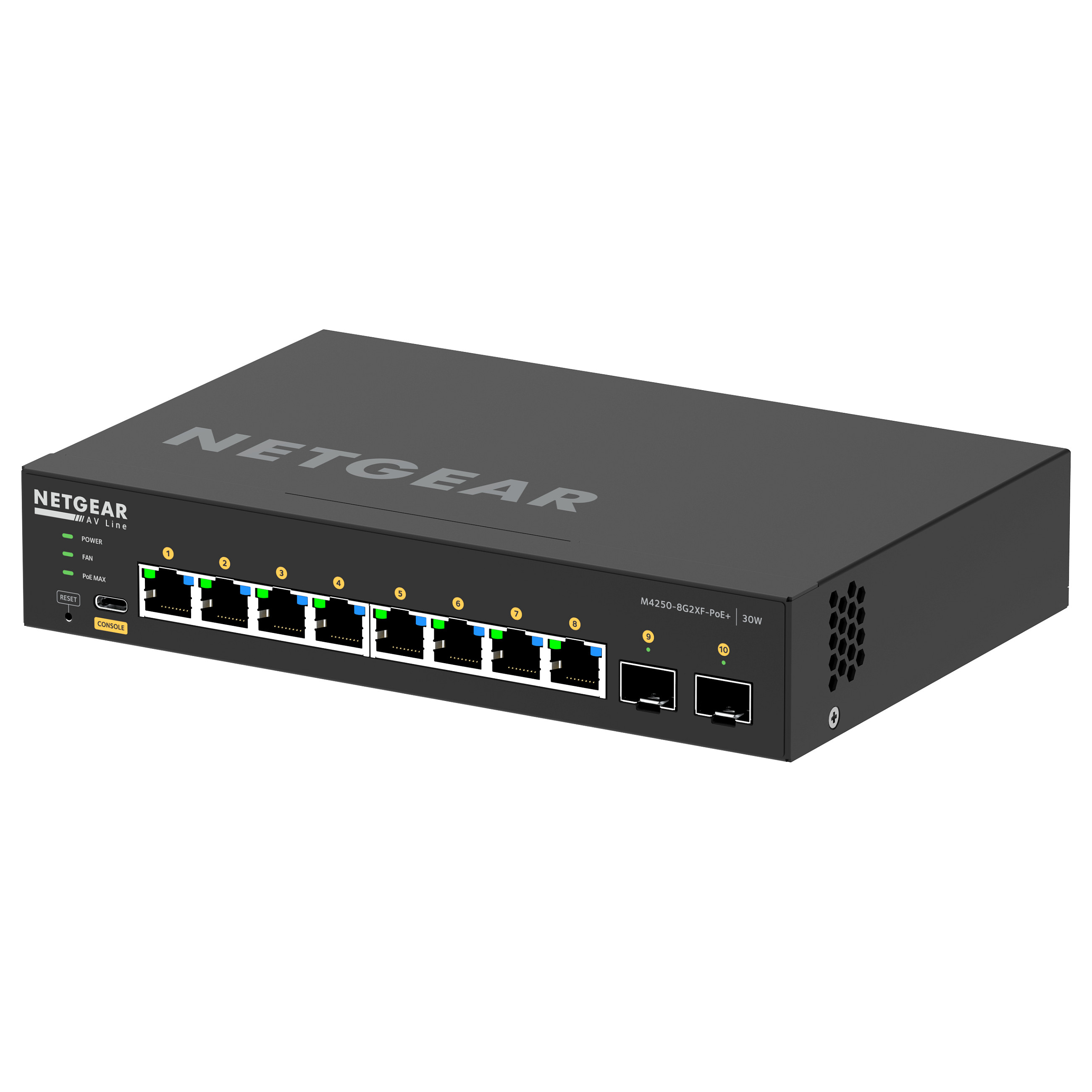 NETGEAR M4250-8G2XF-POE+ Managed AV Line Switch 8-Port Gigabit PoE+ with 2x 10G SFP+ Uplink | 220W PoE Budget, Layer 2/3 AV Network Switch - 8