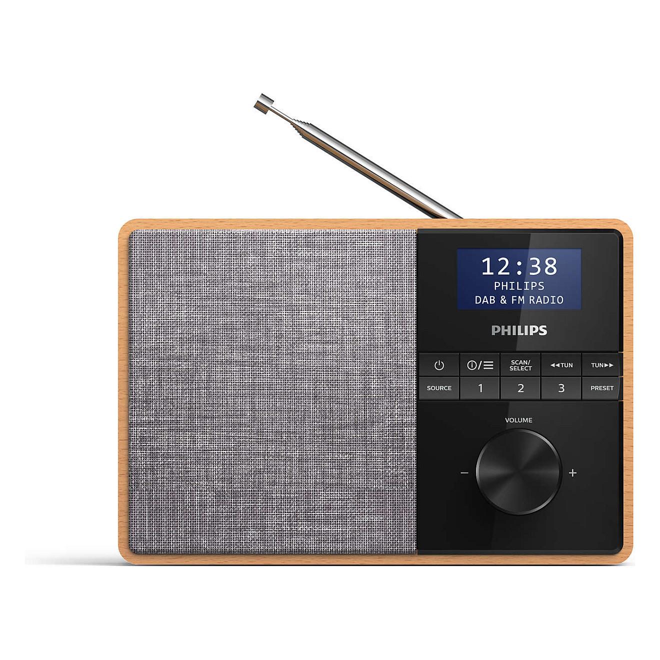 Radio portative Philips TAR5505/10, DAB, DAB+, FM, Tuner digjital, 5 W RMS, Ekran LCD me ndriçim të bardhë, Bluetooth - zezë, gri, dru