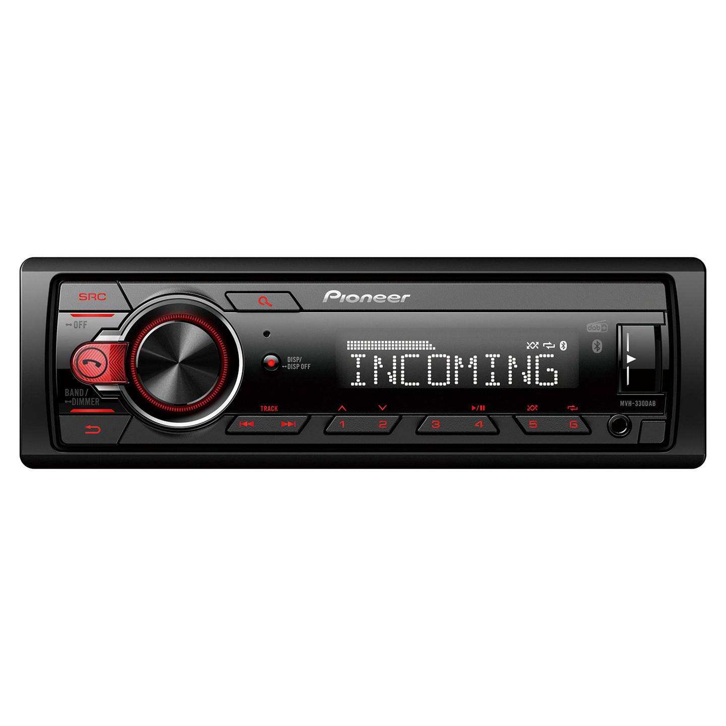 Radio digjitale për veturë Pioneer MVH-330DAB, 1 DIN, DAB+, FM, Bluetooth, USB, AUX, 4 × 50 W, ndriçim i kuq - Zezë