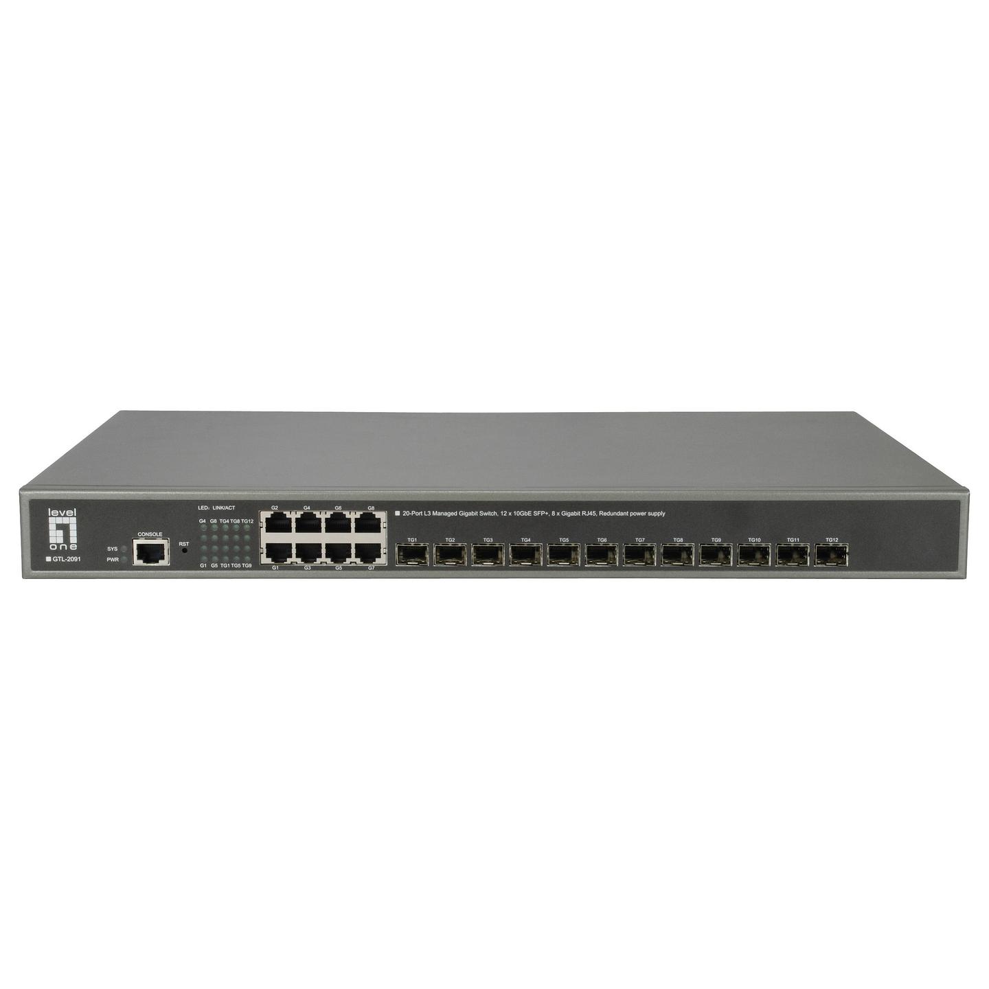 Switch LevelOne GTL-2091, Layer 3 Managed, 12x 10GbE SFP+, 8x Gigabit Ethernet RJ45 - Hiri