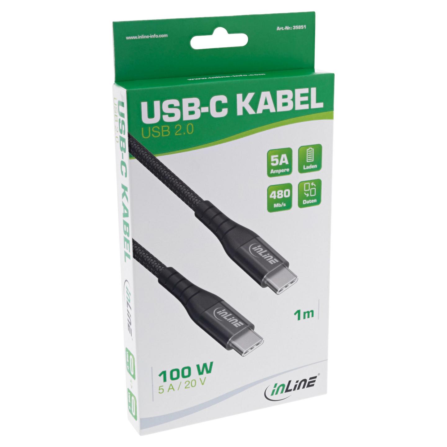 Kabllo USB InLine 35851, USB-C në USB-C, 1 m, 100 W, USB 2.0, veshje tekstili - Zezë - 2