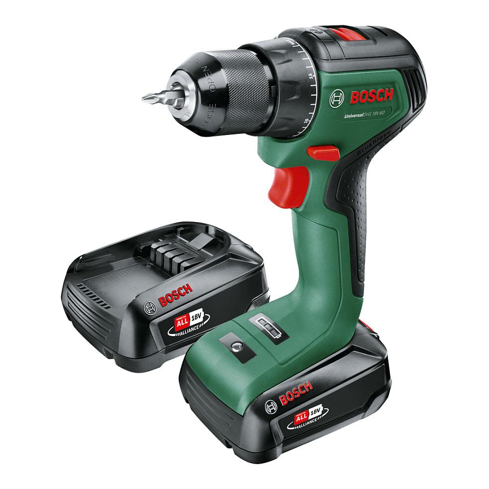 Shpuese me Bateri Bosch UniversalDrill 18V-60, 18V, 60Nm, 500–1900rpm, Mandrinë 13mm, 2x2Ah, Karikues, Valixhe - Gjelbër/Zezë - 1