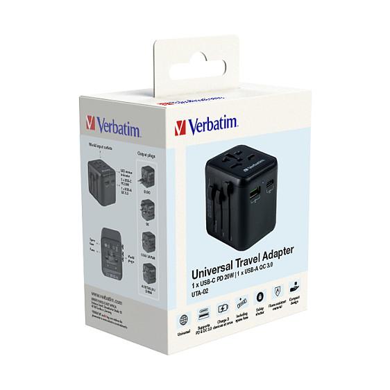 Adapter Verbatim 49544, Universal Udhëtimi, USB-C PD 20W, USB-A QC 3.0 18W, 100–250V - Zezë - 7