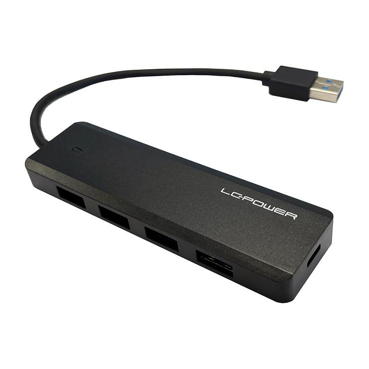 Hub USB LC-Power LC-HUB-U3-4-V2, 4x USB-A, 1x USB-C për Furnizim me Energji, USB 3.2 Gen 1, 5 Gb/s, Plug & Play – Zezë