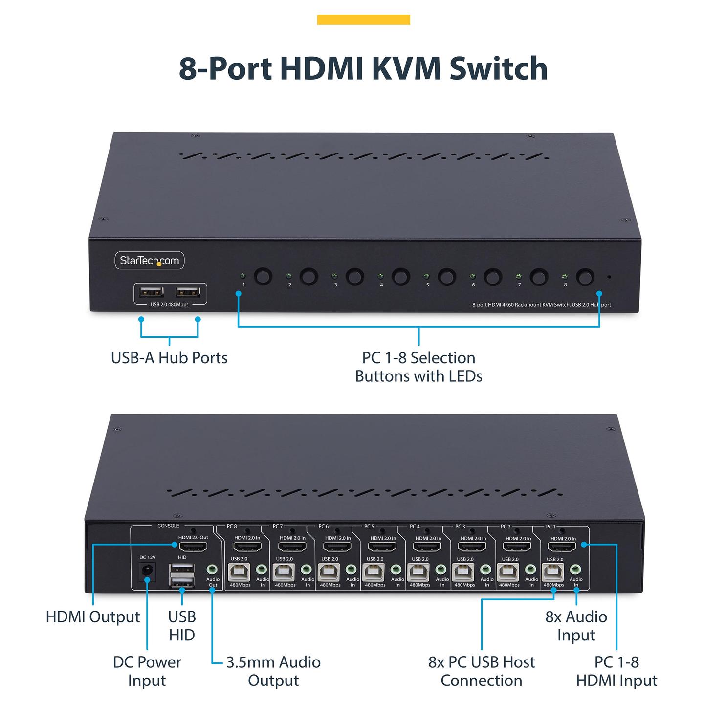 KVM Switch StarTech.com R8AH202-KVM-SWITCH, 8 porta, HDMI 2.0, 4K 60Hz, USB 2.0, Audio, Rack 1U, TAA - Zezë - 6