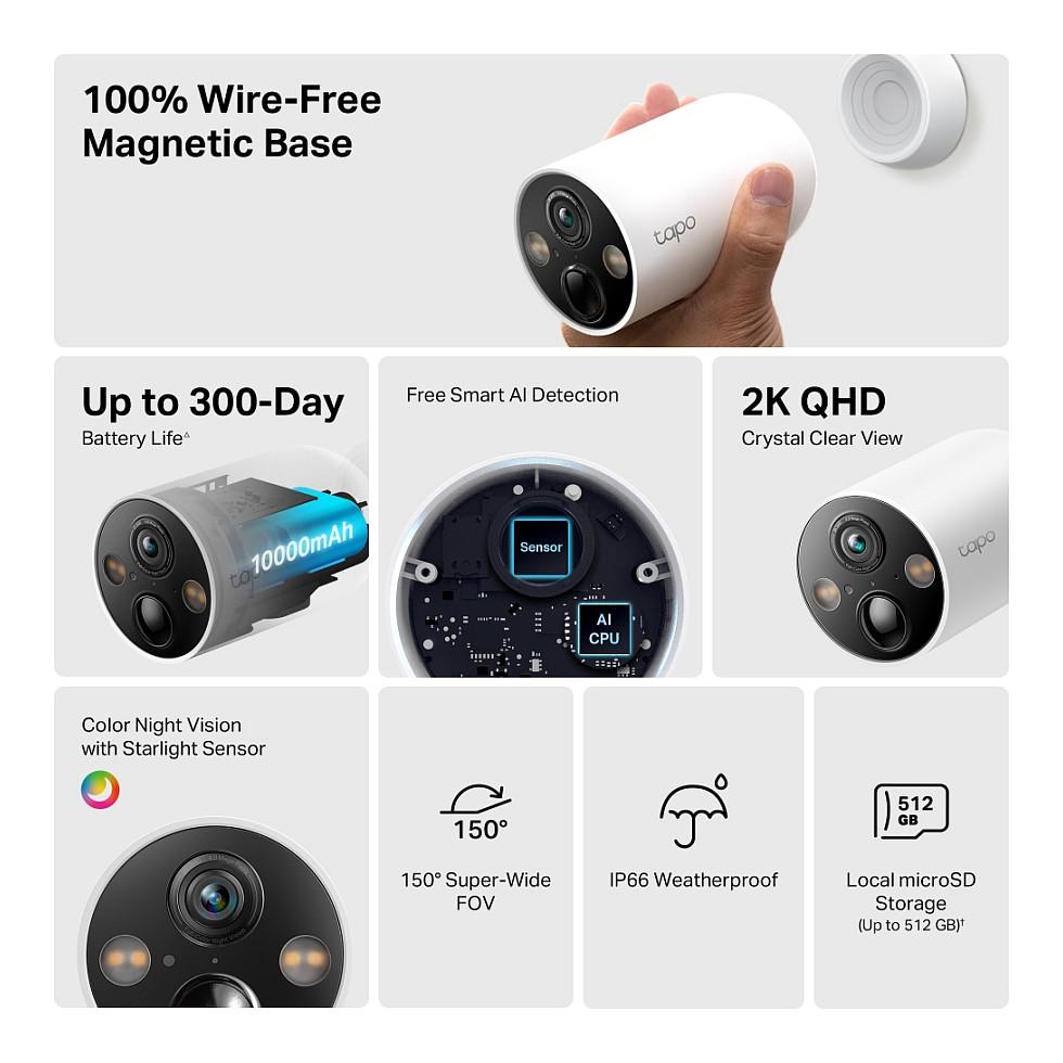 Kamerë Sigurie IP CCTV TP-Link Tapo C425, 4MP, 2K QHD, 2.1mm, Wi-Fi, 150°, Color Night Vision, AI, IR 15m, Bateri 10000mAh, IP66 - Bardhë - 4