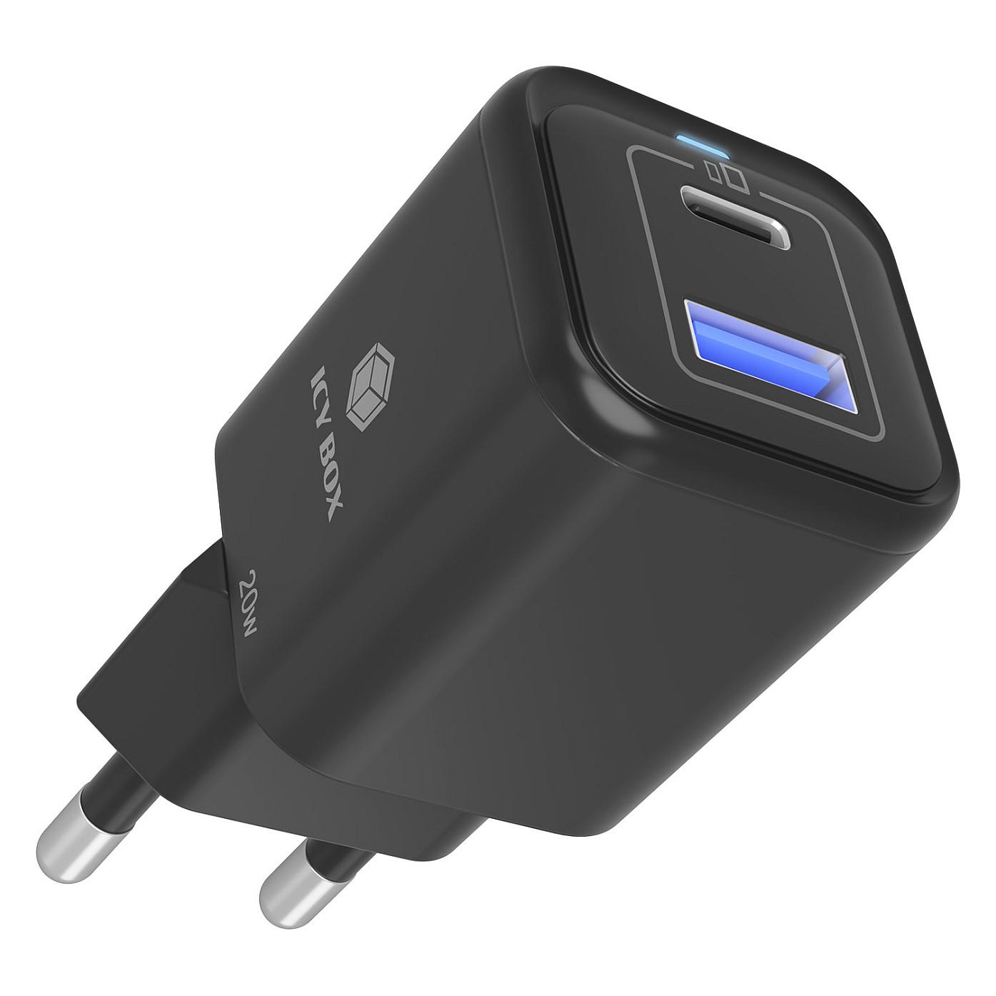 Adapter ICY BOX IB-PS1020-PD / 20W / 1x USB-C PD 20W / 1x USB-A QC 3.0 18W / 2-Port / Universal – Zezë