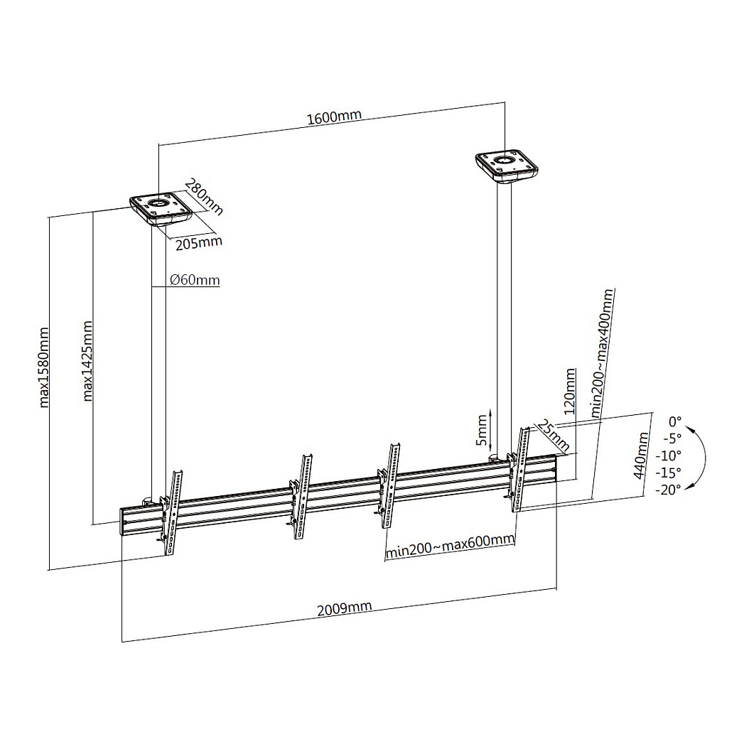 Mbajtëse për TV Equip Deckenhalterung / 45″–55″ / 2 TFT / je 50 kg / 1 Gelenk - Zezë - 5