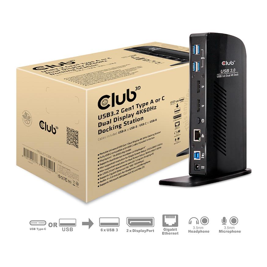 Docking Station Club 3D CSV-1460 / USB 3.2 Gen 1 / 2x DisplayPort / 6x USB-A / Gigabit Ethernet / Audio - Zezë - 1