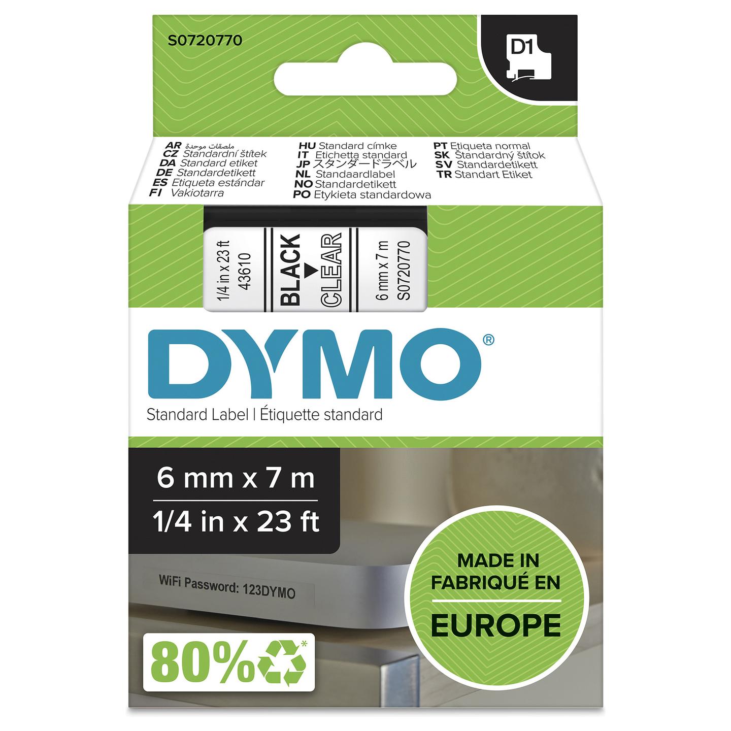 Shirit Etiketimi DYMO D1 Standard 43610, 6 mm x 7 m, Tekst i Zi - Transparente