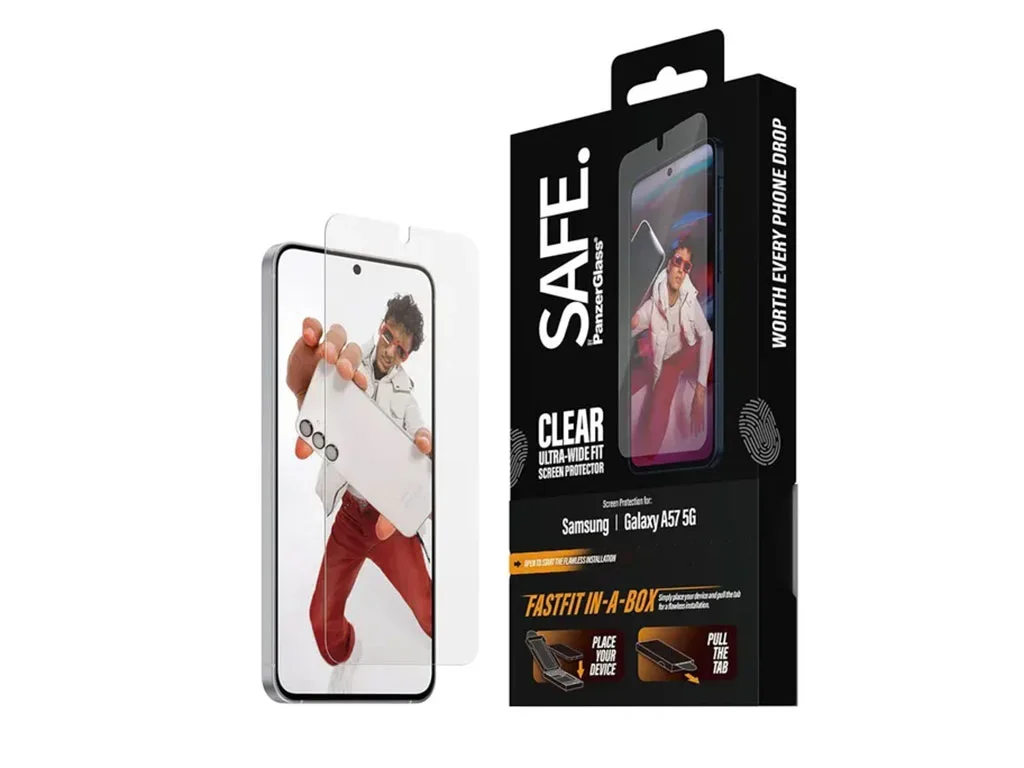 Mbrojtës Ekrani PanzerGlass SAFE. Samsung Galaxy A57 5G / Ultra-Wide Fit / FASTFIT IN-A-BOX / Tempered Glass - Transparente