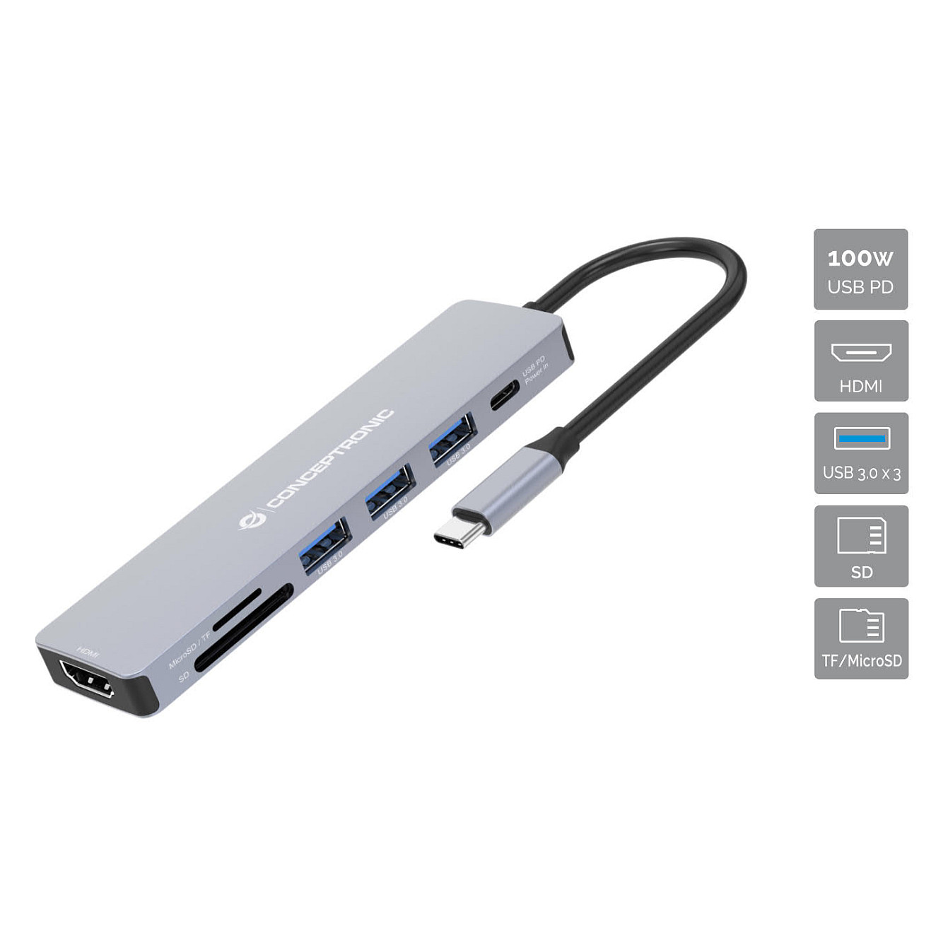 Hub Udhëtimi CONCEPTRONIC 7-në-1 USB-C në HDMI/3xUSB-A/SD/TF - Hiri - 1
