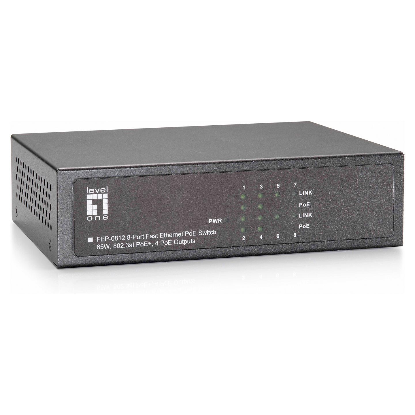 Switch LevelOne FEP-0812, 8x Fast Ethernet RJ45, 4x PoE+, PoE 65W, 1.6Gbps - Hiri