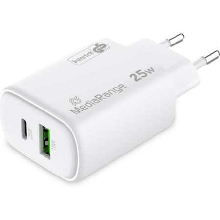 Karikues MediaRange MRMA112-2 / GaN / 25W / USB-C / USB-A / PD 3.0 / QC 3.0 - Bardhë