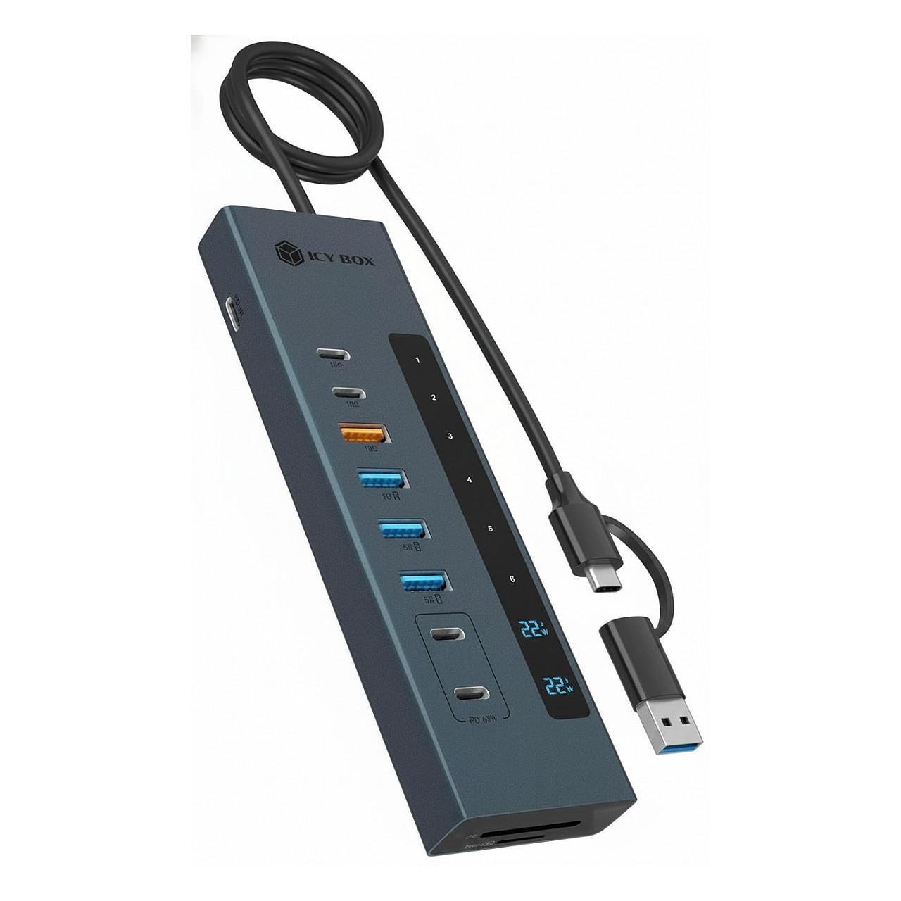 Hub ICY BOX IB-HUB1742CR-C2PD, 2x USB-C, 4x USB-A, USB 3.2 Gen 2, 10Gbps, SD, microSD, Power Delivery 100W - Blu