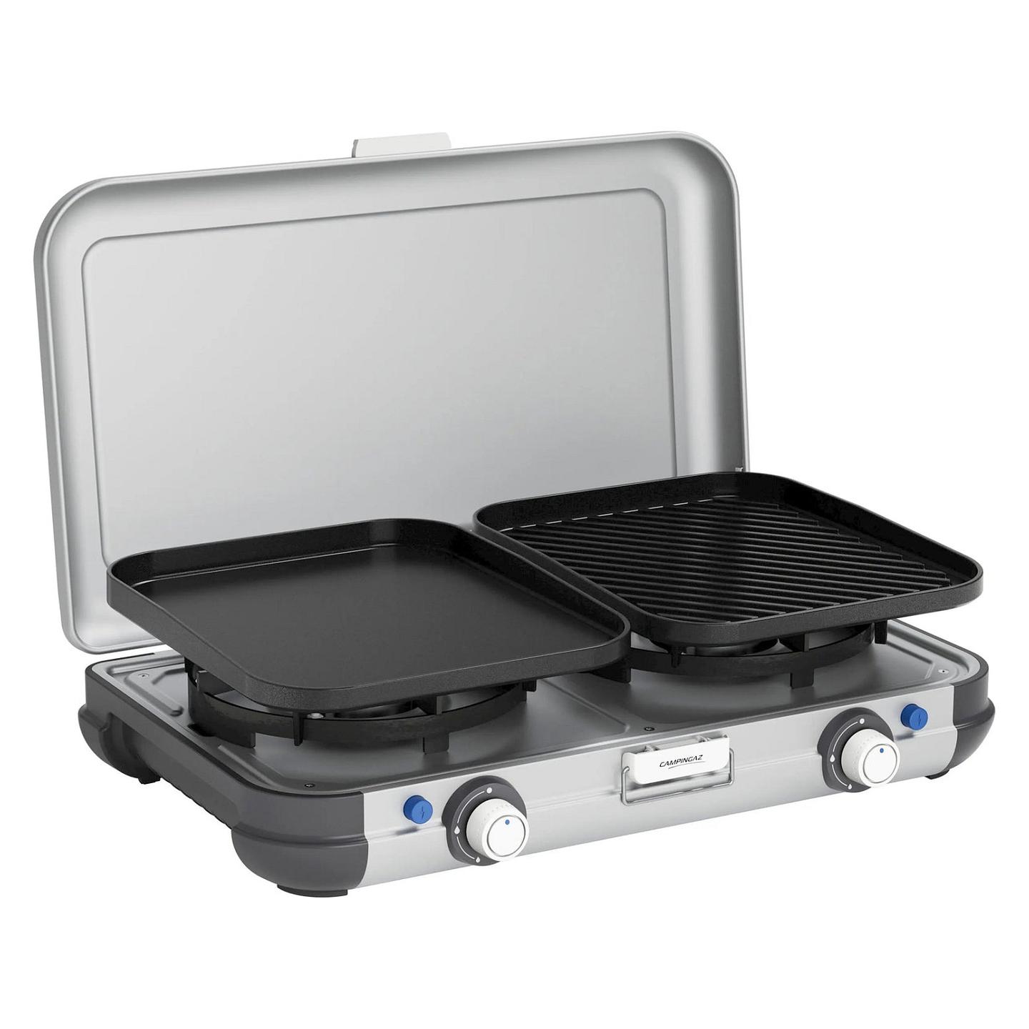 Grill me Gaz CAMPINGAZ Camping Kitchen 2 Grill & Go Caravan, 2 Djegësa, 4kW, Grill dhe Plancha, Ndezje Piezo - Zezë/Hiri