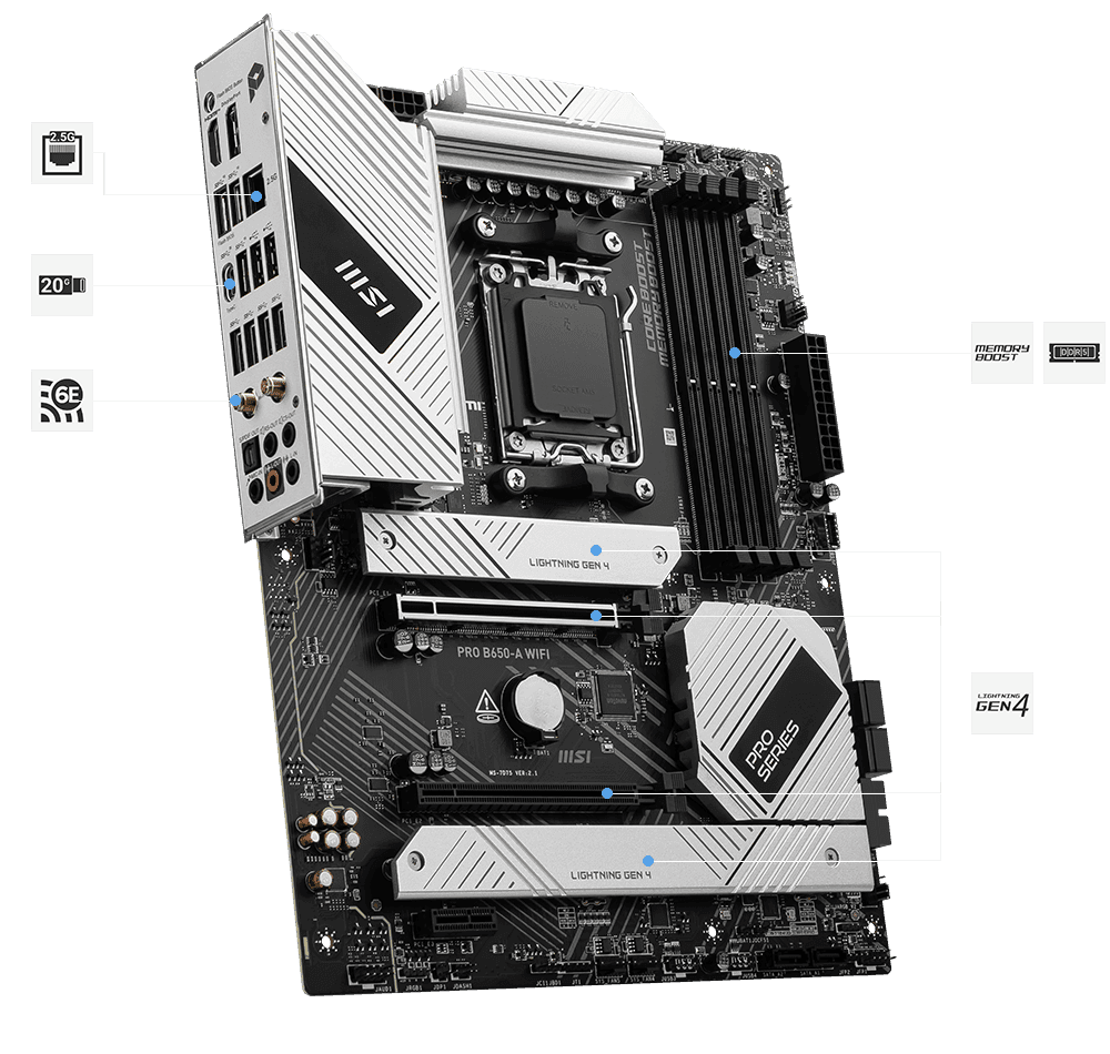 Pllakë Amë AMD MSI PRO B650-A WiFi, ATX, AM5, B650, DDR5, WiFi 6E, Bluetooth 5.3
