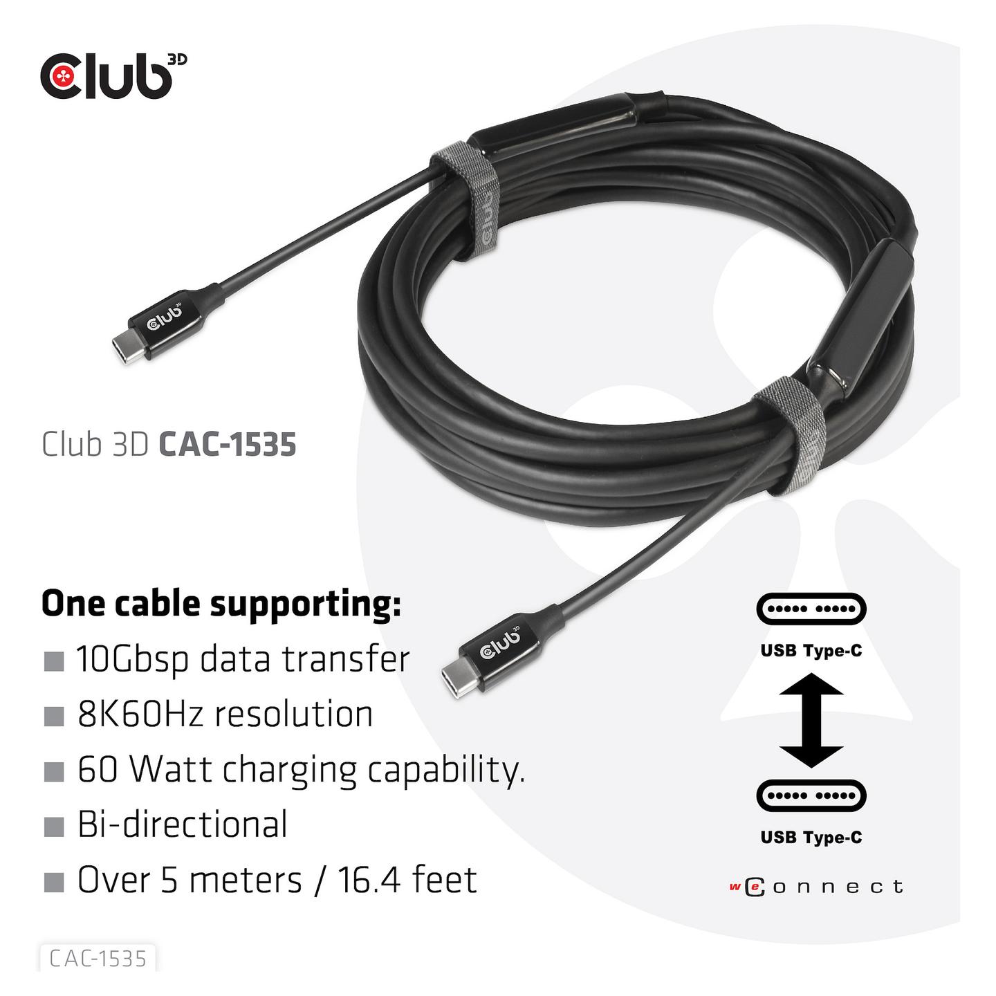 Kabllo USB Club 3D CAC-1535 / USB-C në USB-C / USB 3.2 Gen 2 / 10 Gbit/s / 8K@60Hz / 60W / 5 m - Zezë - 5