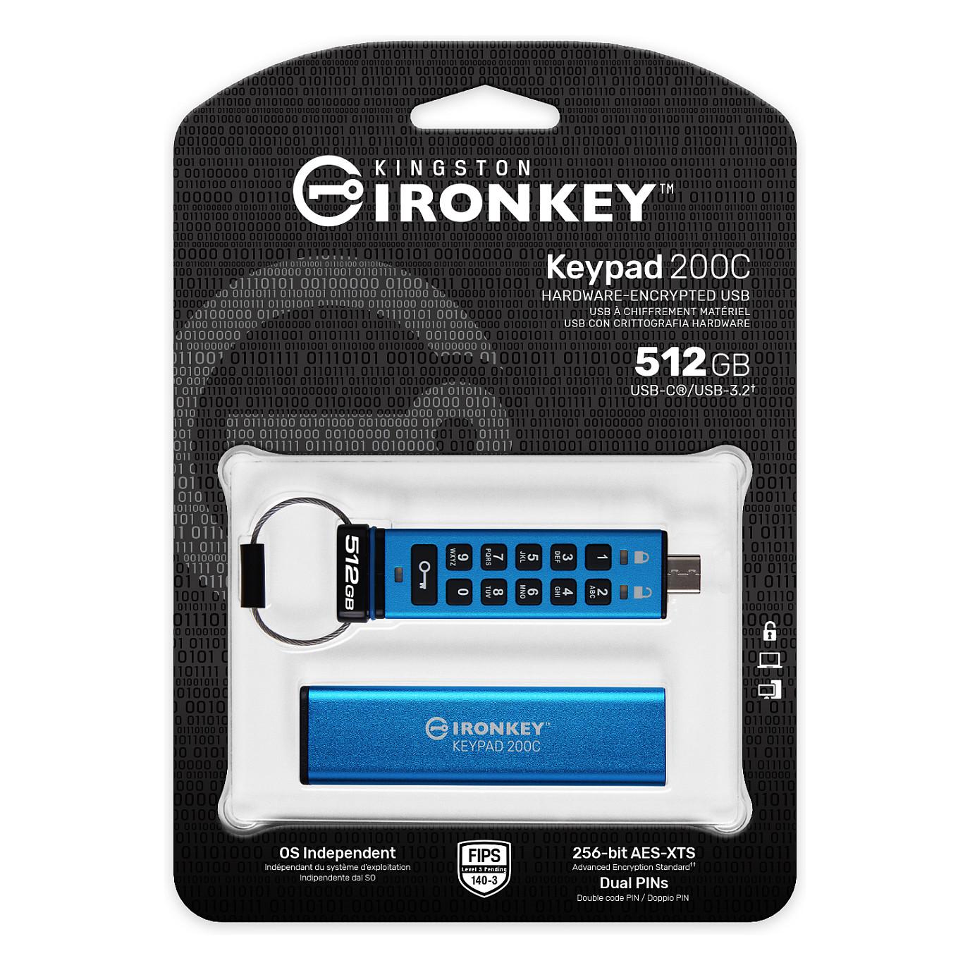 USB Flash Drive Kingston IronKey Keypad 200C, 512GB, USB-C, 280MB/s, 200MB/s - Blu - 3