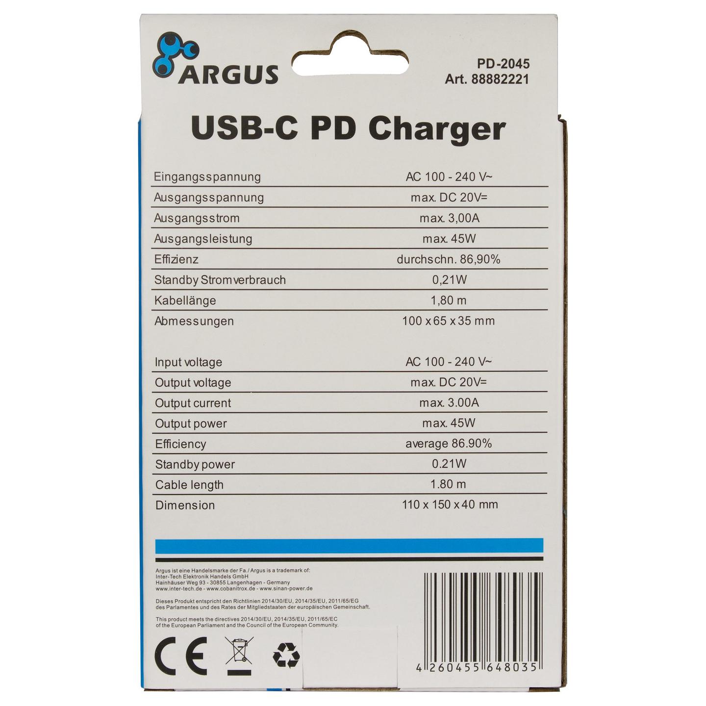 Karikues Inter-Tech PD-2045 / 45W / 1x USB-C / PD 3.0 / 5V–20V / 1.8m - Zezë - 3