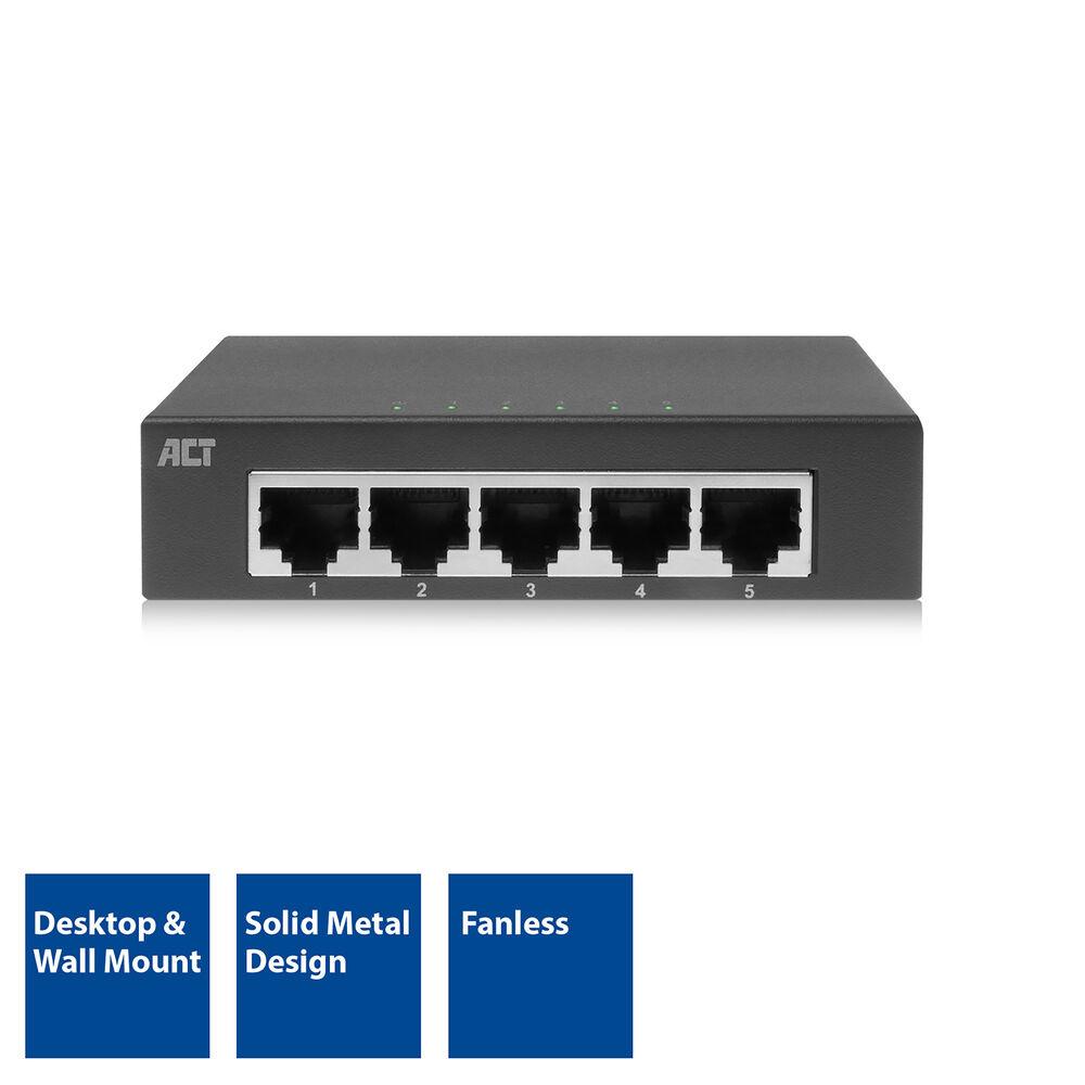 Switch ACT AC4415, 5x Gigabit Ethernet RJ45, 10/100/1000Mbps, i pamenaxhuar, Kuti Metalike - Zezë - 2