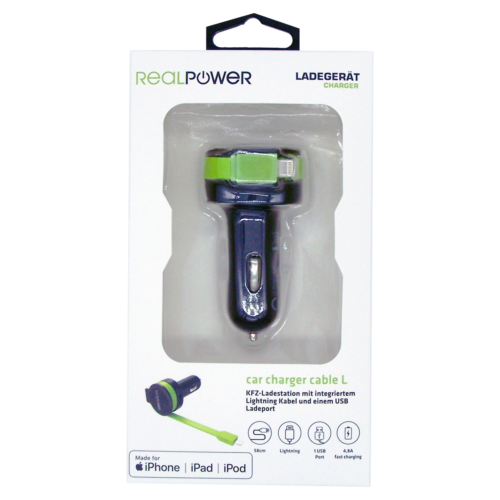 Adapter telefoni për veturë RealPower 257637 / USB-A + Lightning / 4.8A / Kabllo 0.58m – Zezë/Gjelbër - 4