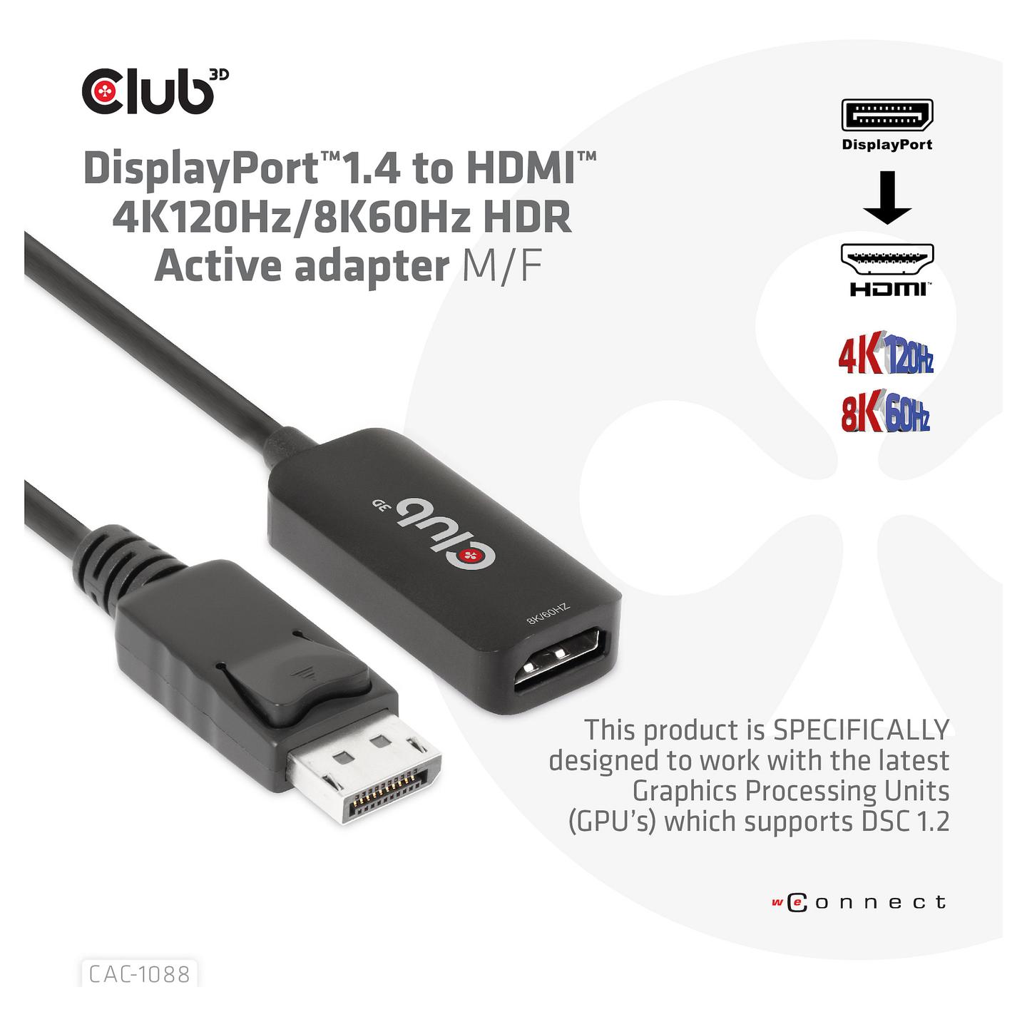 Kabllo DisplayPort Club 3D CAC-1088 / DisplayPort 1.4 në HDMI 2.1 / 0.21m / 8K 60Hz / 4K 120Hz / HDR - Zezë - 5