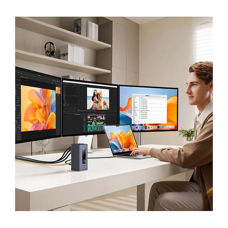 Docking Station Baseus Spacemate / 11-në-1 / 3x HDMI + DisplayPort 1.4 / 2x USB-A 3.2 Gen 1 / USB-C 5Gbps / 2x USB 2.0 / Gigabit Ethernet / 3.5mm Audio / USB-C PD 100 W – Hiri - 6