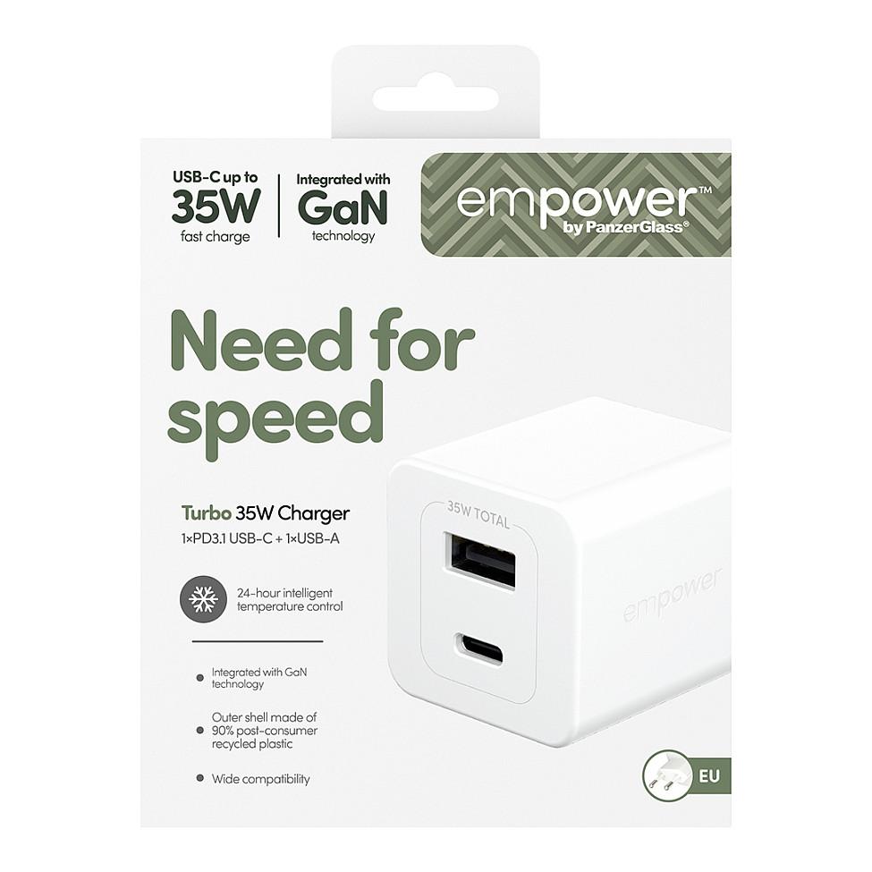 Karikues empower by PanzerGlass EM94326, Turbo 35W, GaN, USB-C + USB-A, PD 3.1, EU - Argjendtë/Bardhë - 3
