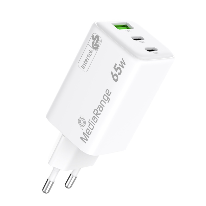 Karikues MediaRange MRMA116-2 / GaN / 65W / 2x USB-C / USB-A / PD 3.0 / QC 3.0 - Bardhë
