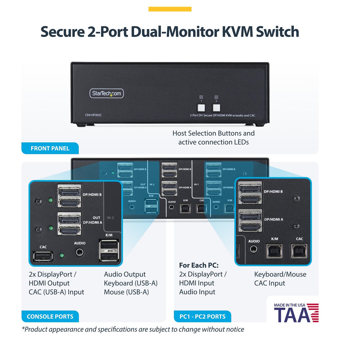 KVM Switch StarTech.com CK4-HP202C, 2-Port, Dual Monitor, HDMI/DisplayPort, 4K 60Hz, NIAP 4.0, CAC - Zezë - 4