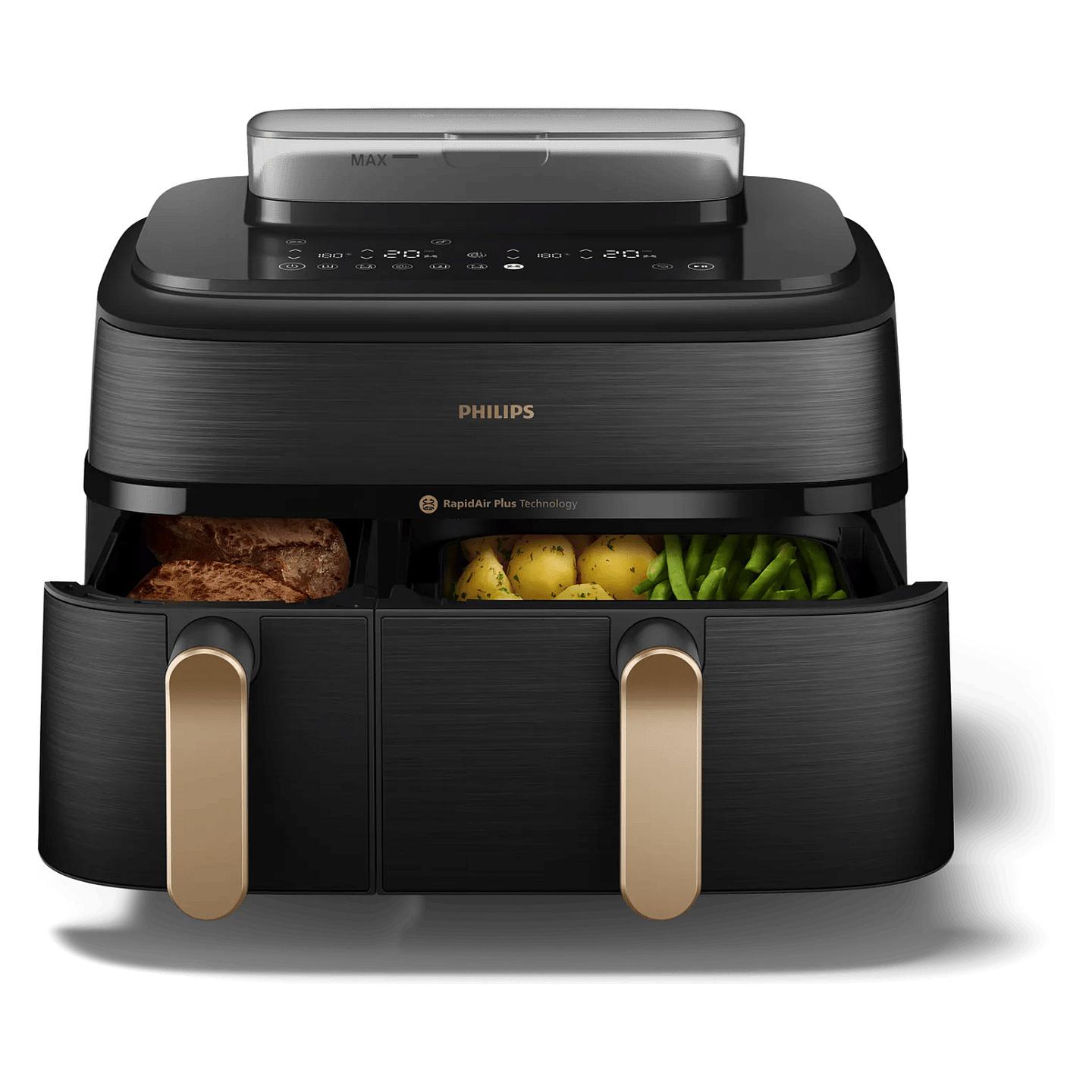 Fryer Philips 5000 Series Dual Basket / NA552/00 / 9L / 2750W / 2 Koshë / 6L+3L / 12 Programe / 40–200°C / RapidAir Plus / Air Steam – Zezë/Gold - 6