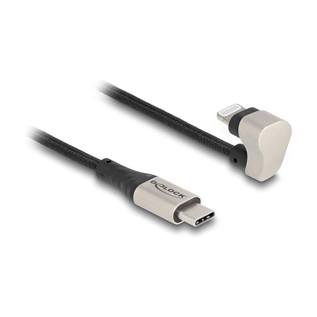 Kabllo USB DeLOCK 80026 / USB-C në Lightning / 2m / USB 2.0 / 3A / 480 Mbps / MFi / Këndore 180° / Tekstil - Zezë/Argjend - 1
