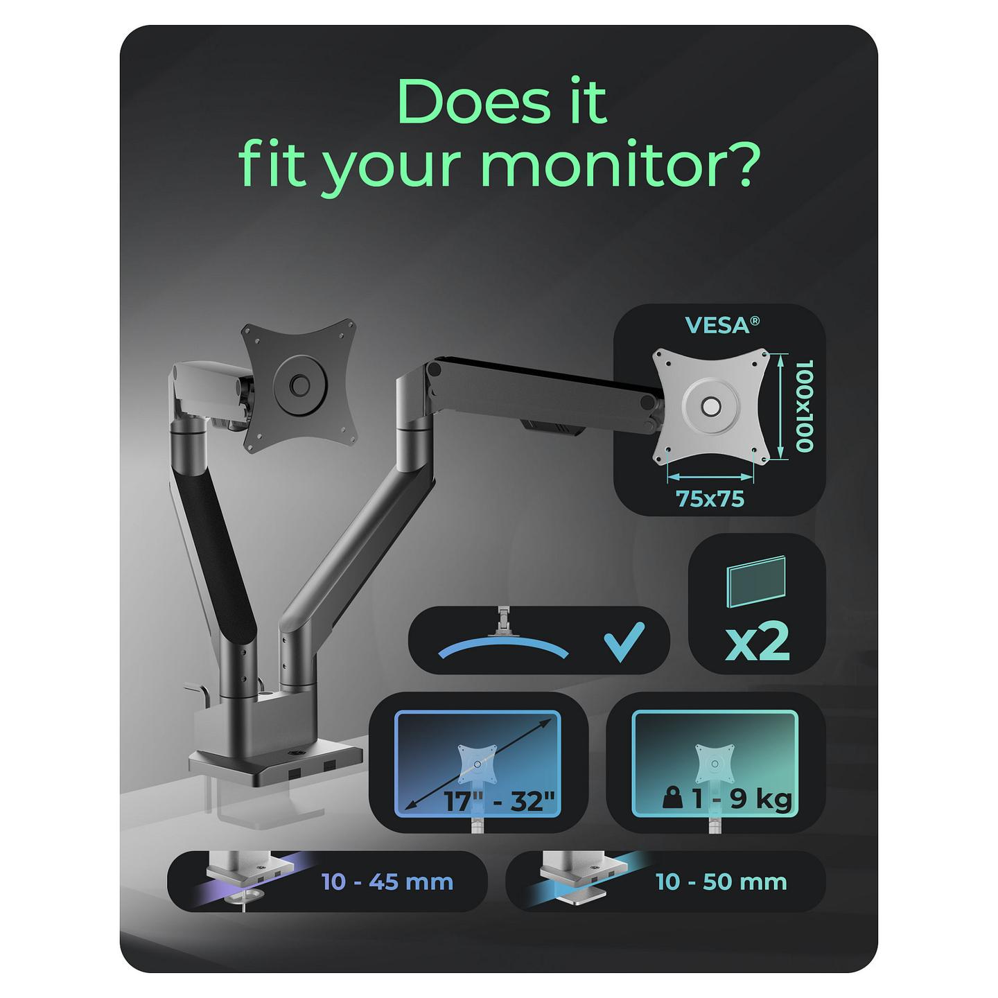 Mbajtëse për Monitor ICY BOX IB-MS524-T , 2 Monitorë , 17–32" , deri 9kg për monitor , sustë gazi , VESA 75x75 & 100x100 - Argjend - 6